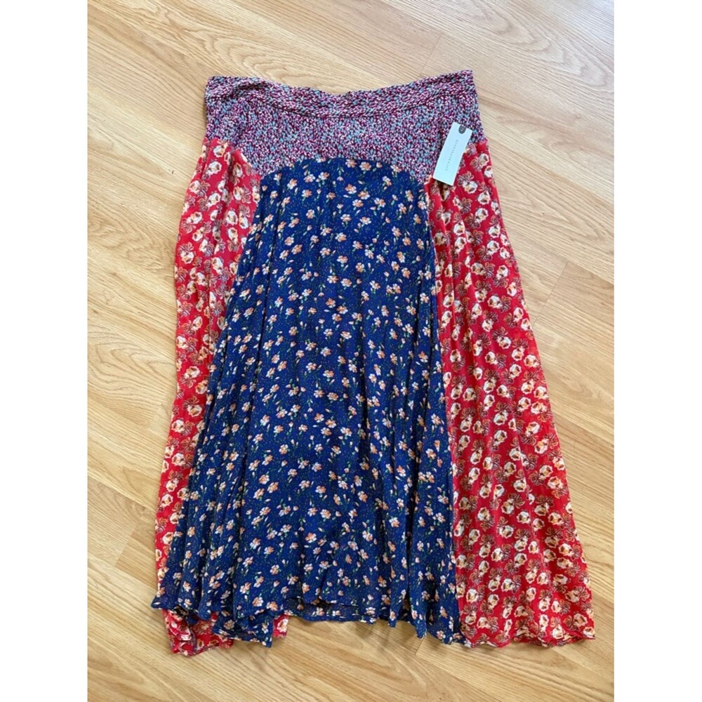NWT Anthropologie Meadow Rue Mixed Floral Midi Skirt Navy & Red Size 8